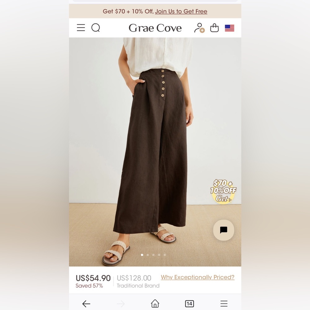 Grae Cove 100% linen size medium brown pants NWT